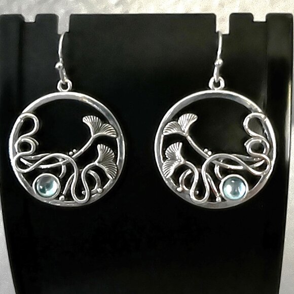 925 Silver Circle Earrings Ginkgo Leaves Inlaid Blue Crystals & Silver Wires NEW - Picture 2 of 3